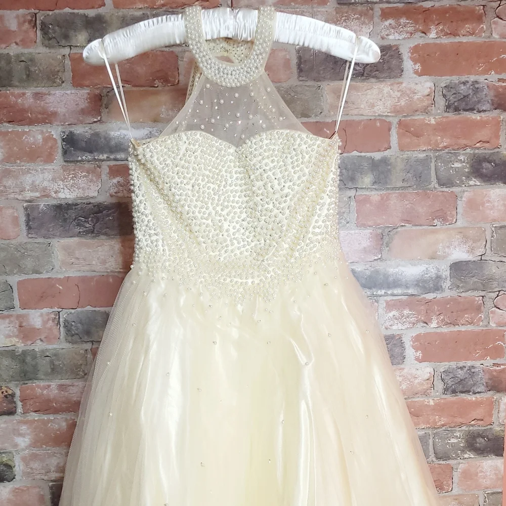 halter top beaded pageant dress
